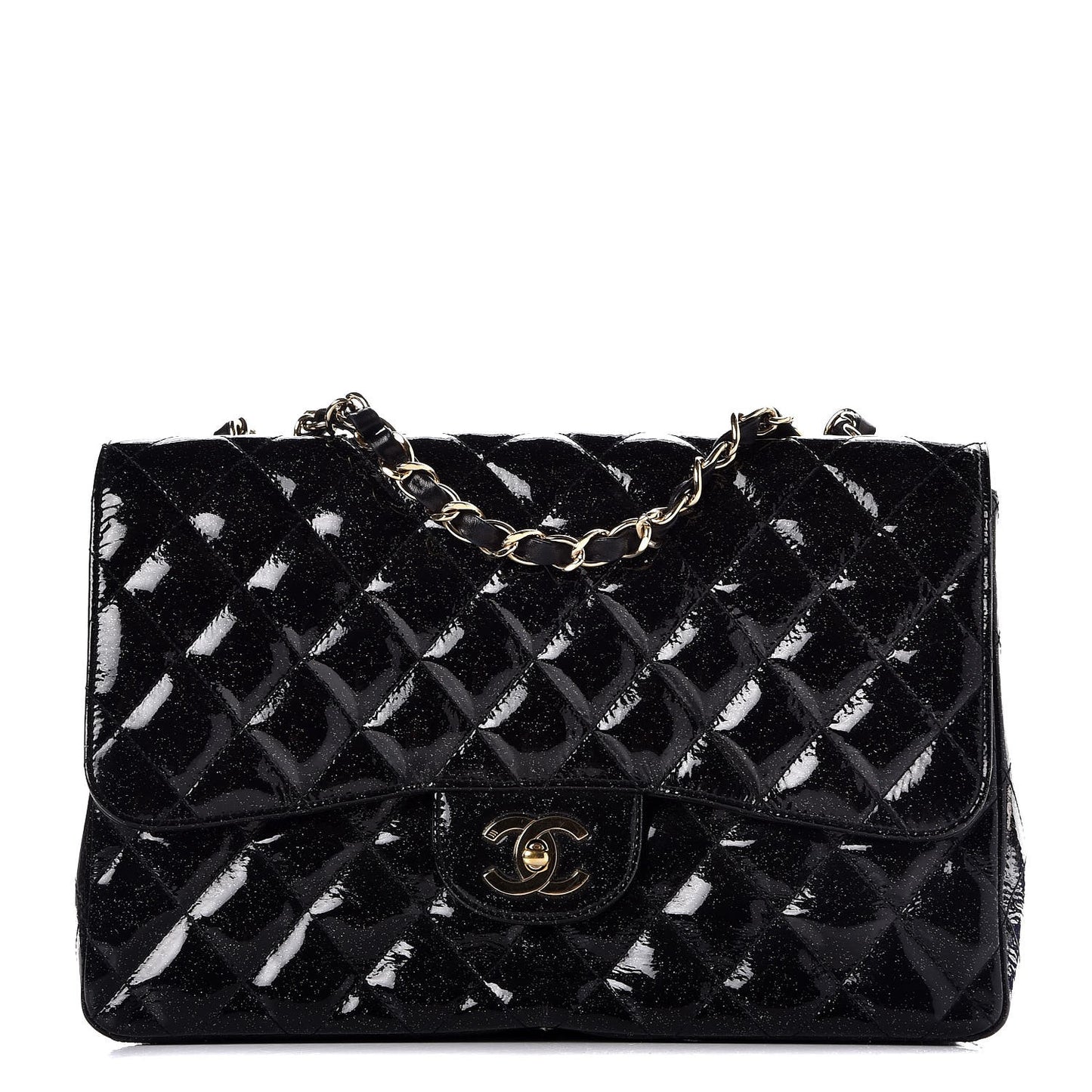 Patent Quilted Sparkle Glitter Jumbo Single Flap Black