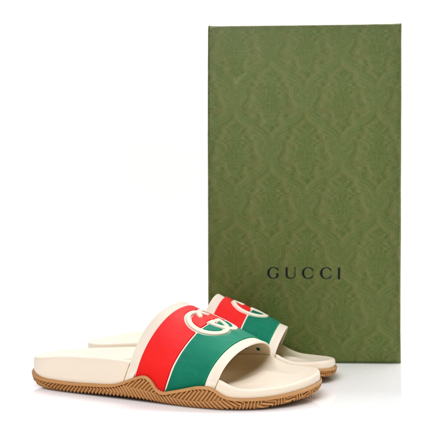Gucci Rubber Web Womens Interlocking G Slide Sandals 39 Mystic White Green Red 10 of 10