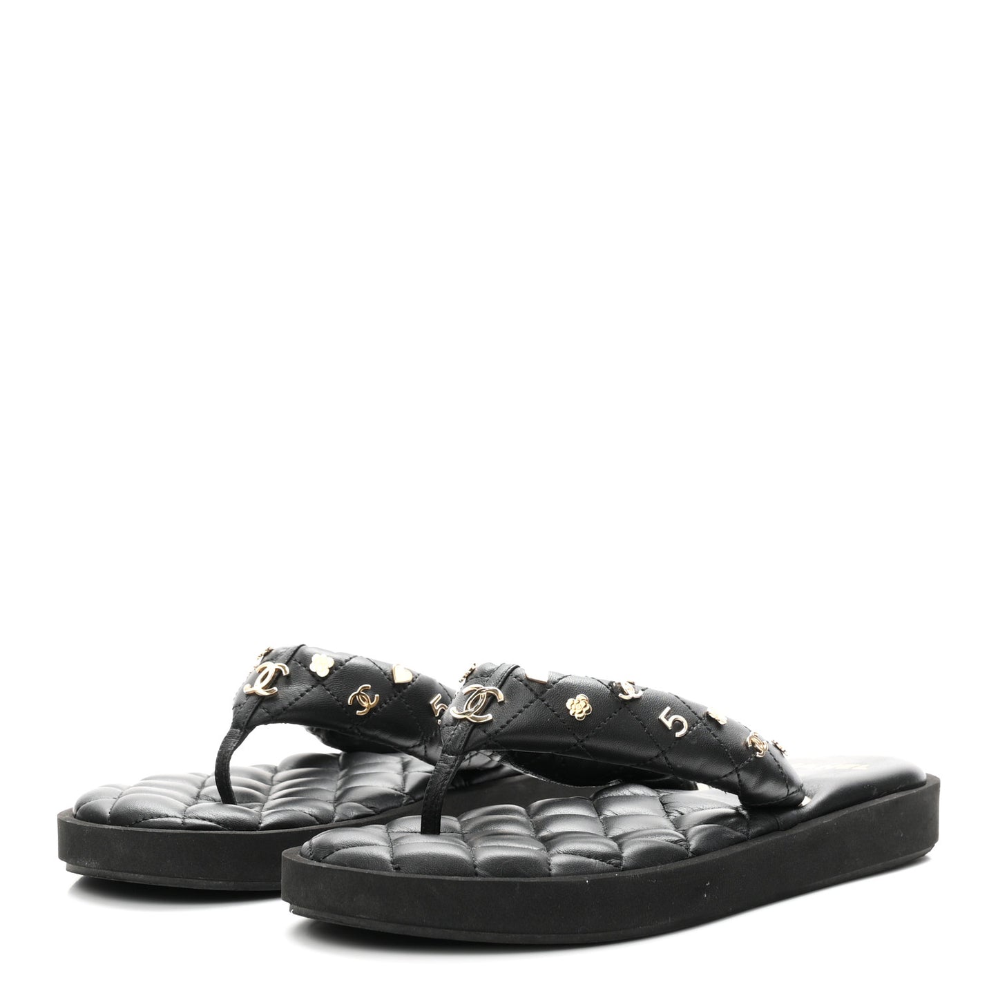 Lambskin Quilted Padded Charms Thong Sandals 41 Black
