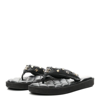 Chanel Lambskin Quilted Padded Charms Thong Sandals 41 Black 4 of 9