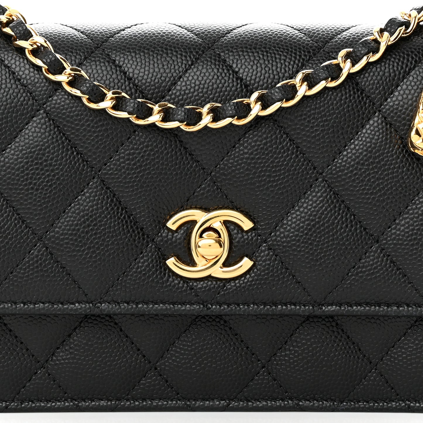 Shiny Caviar Quilted Flap Charm Wallet On Chain WOC Black