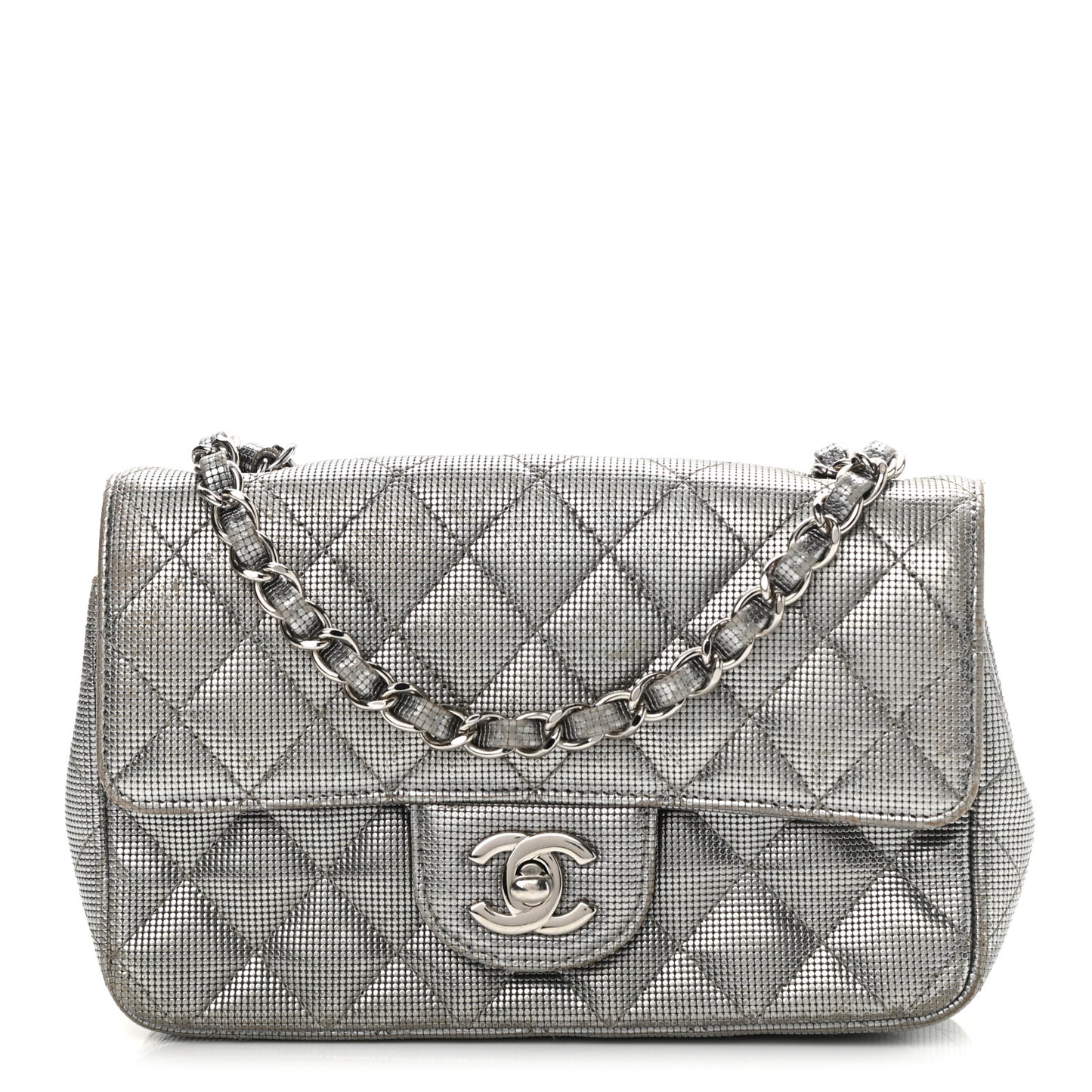 Metallic Calfskin Quilted Pixel Effect Mini Rectangular Flap Dark Silver