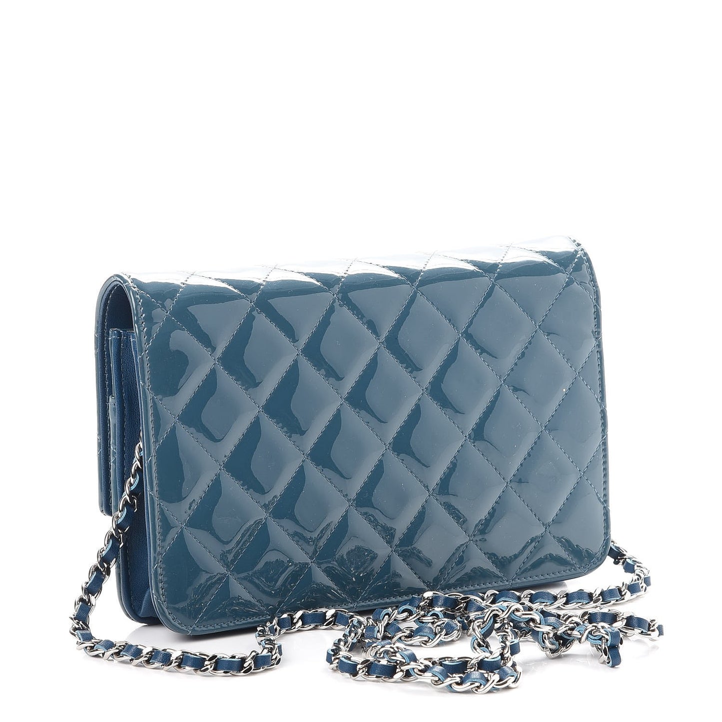 Patent Quilted Brilliant Wallet On Chain WOC Blue