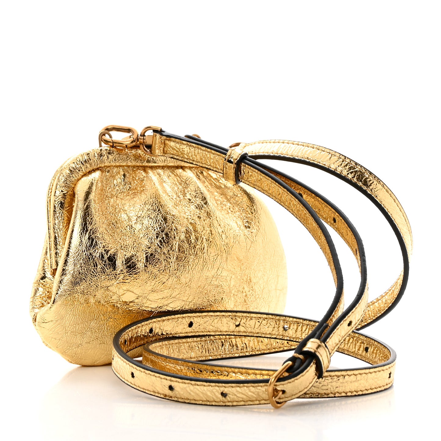 Metallic Textured Calfskin Logo Cloud Coin Purse With Strap Gold