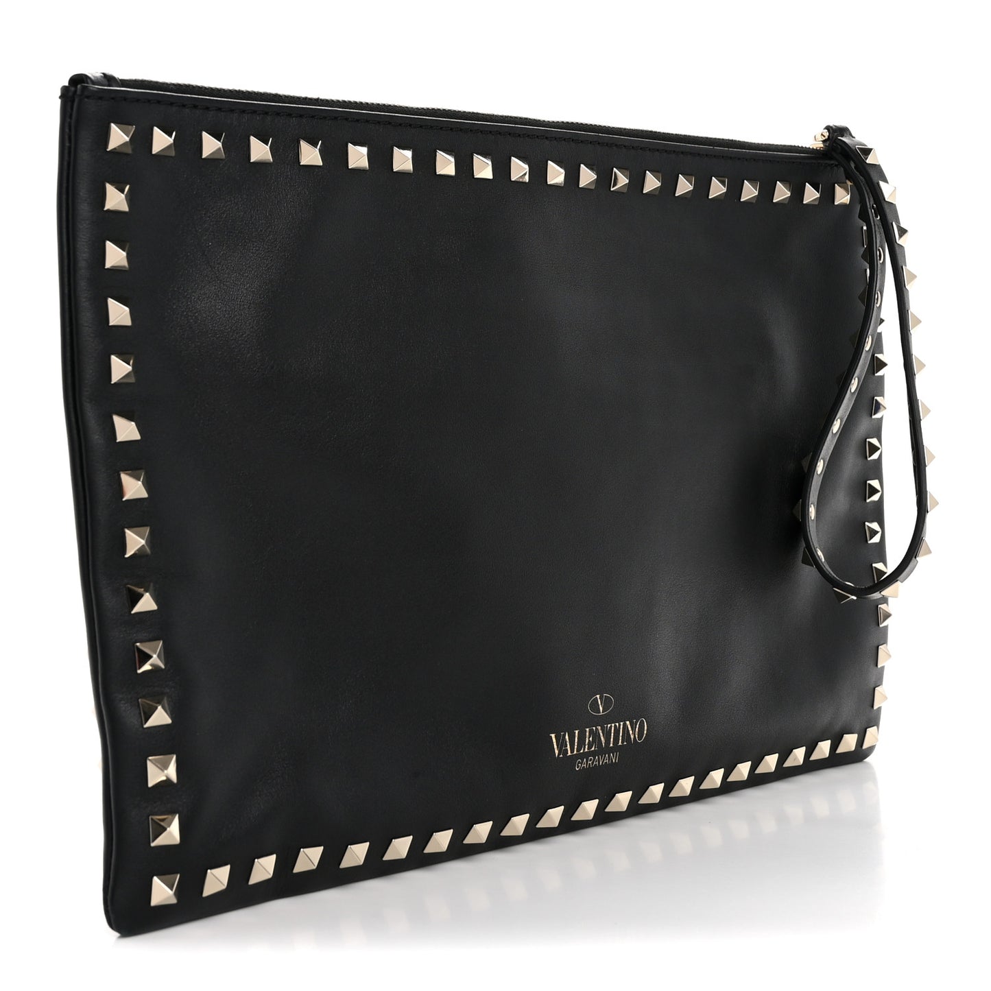 Vitello Large Rockstud Zip Wristlet Pouch Black