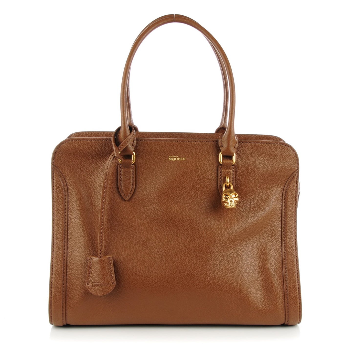 Pebbled Calfskin Large Skull Padlock Zip Around Tote Cognac