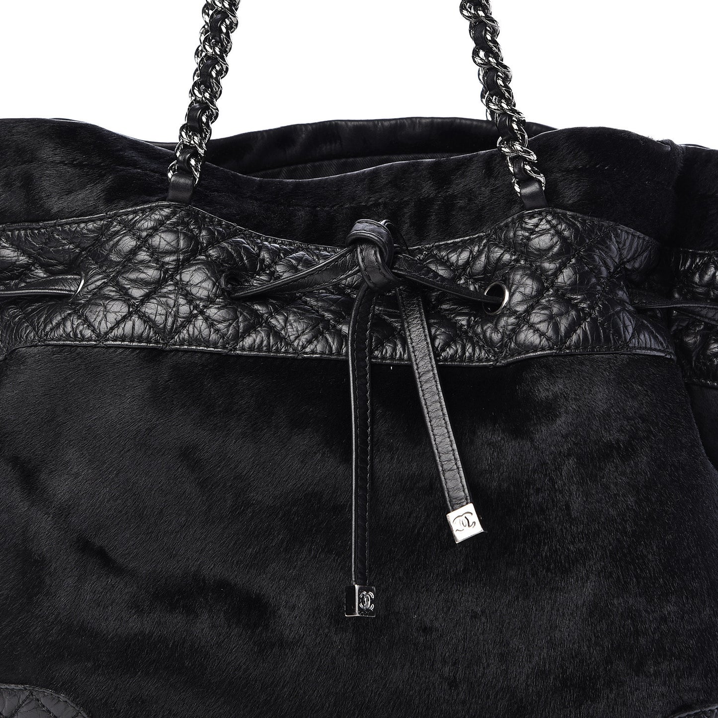 Pony Hair Quilted Drawstring Tote Black