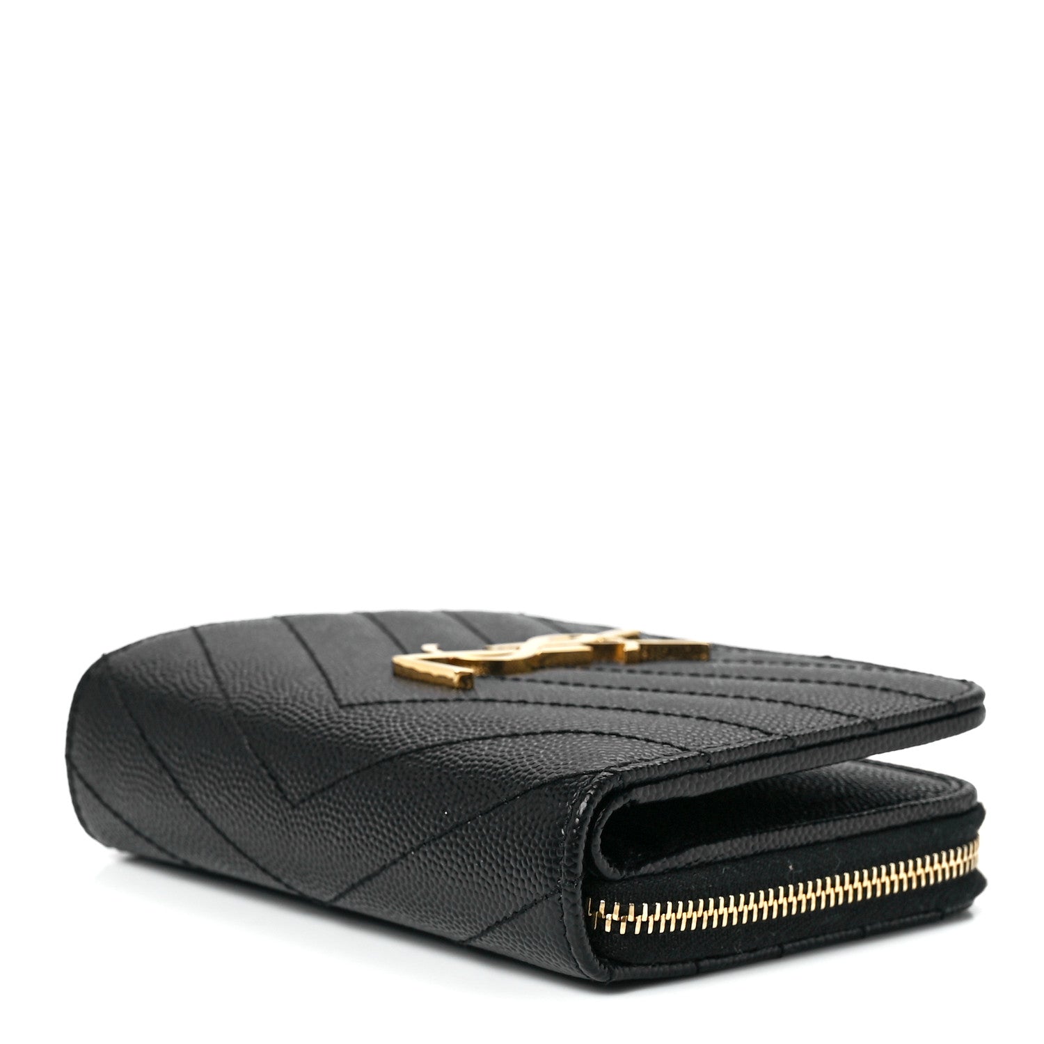 Saint Laurent Grain De Poudre Matelasse Chevron Monogram Compact Zip Around Wallet Black 10 of 12