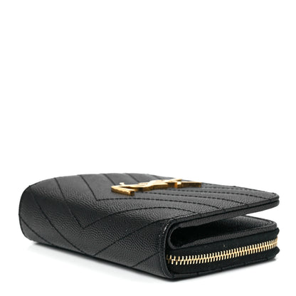 Saint Laurent Grain De Poudre Matelasse Chevron Monogram Compact Zip Around Wallet Black 10 of 12