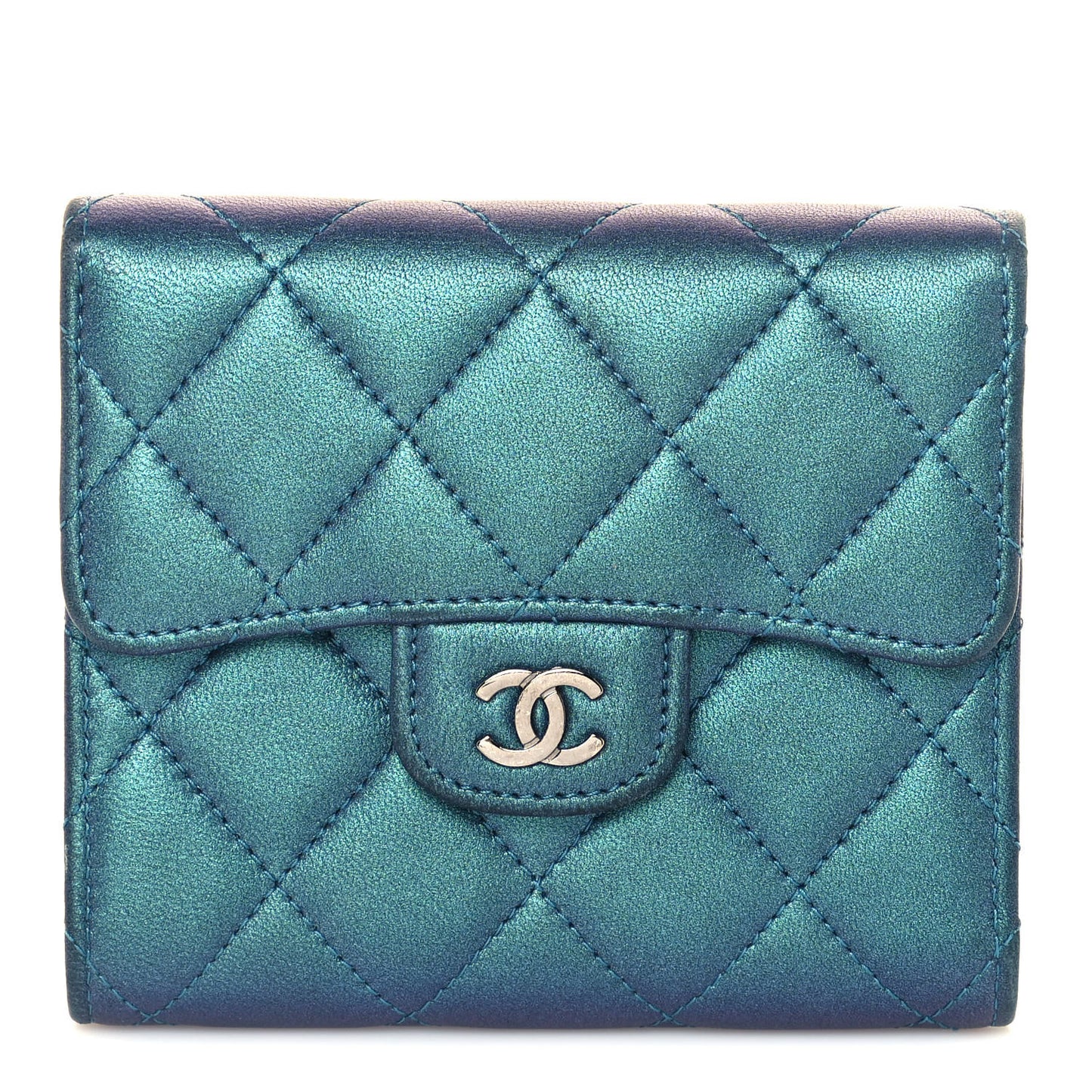Metallic Lambskin Quilted Compact Flap Wallet Turquoise