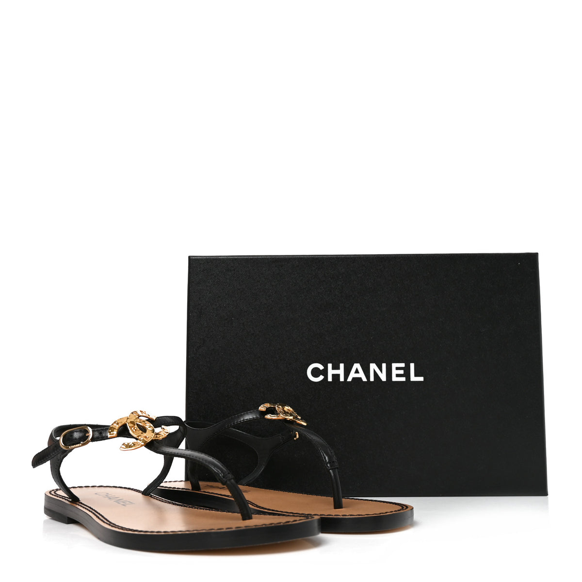 Lambskin CC Thong Sandals 35.5 Black Gold