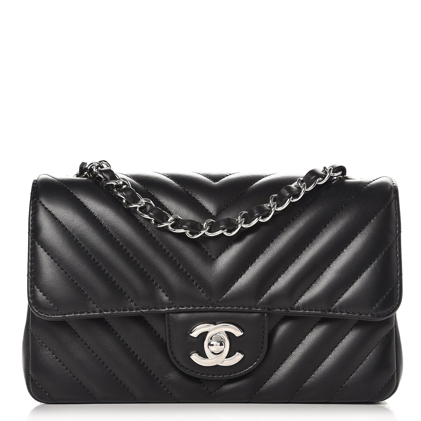 Lambskin Chevron Quilted Mini Rectangular Flap Black