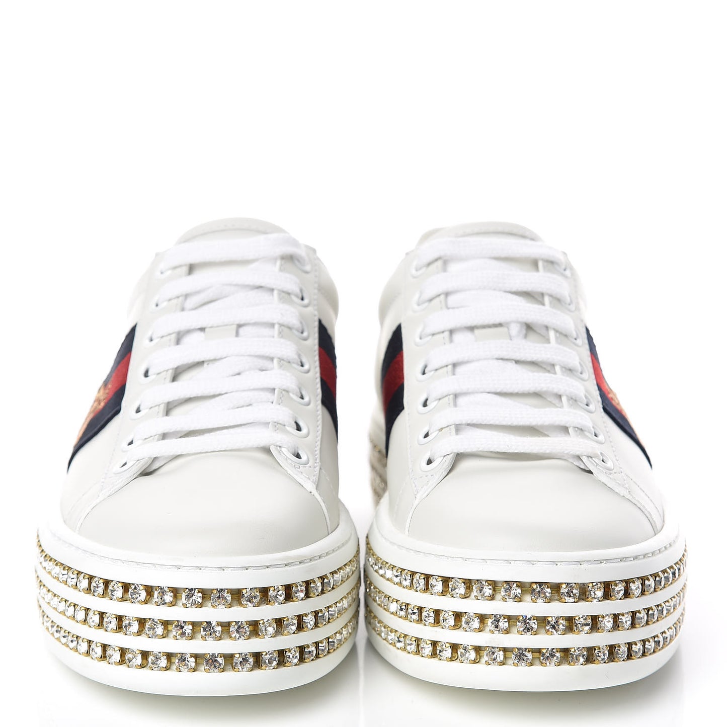 Calfskin Crystal Web Bee Embroidered Ace Platform Sneakers 34.5 White