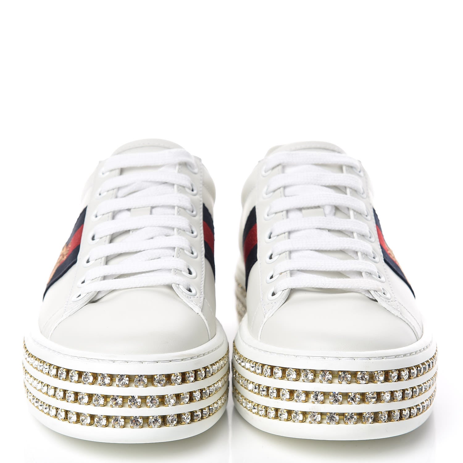 Gucci Calfskin Crystal Web Bee Embroidered Ace Platform Sneakers 34.5 White 2 of 9