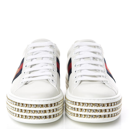 Gucci Calfskin Crystal Web Bee Embroidered Ace Platform Sneakers 34.5 White 2 of 9