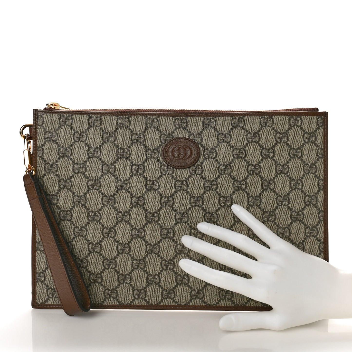 GG Supreme Monogram Azalea Calfskin Retro Interlocking G Wristlet Pouch Beige Ebony Brown Sugar