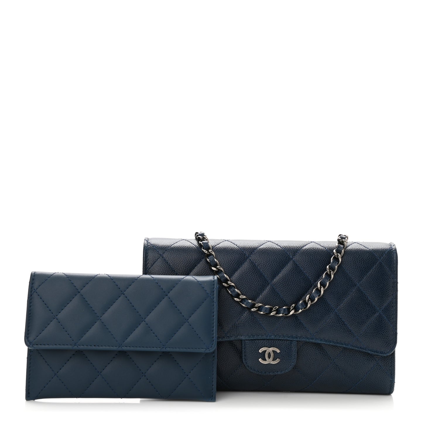 Caviar Quilted Wallet on Removable Chain Navy