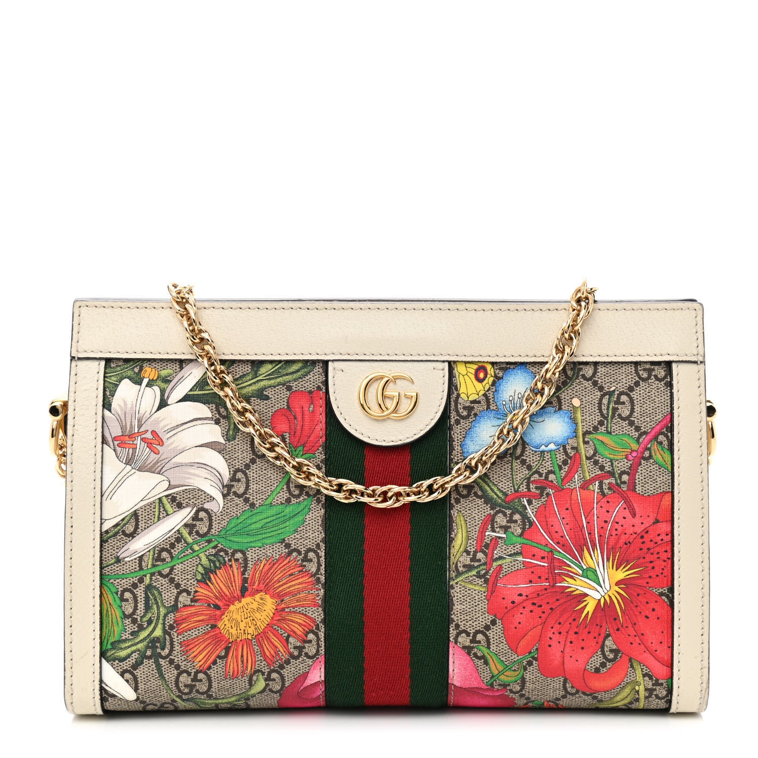 Gucci GG Supreme Monogram Flora Web Small Ophidia Chain Shoulder Bag White 1 of 10