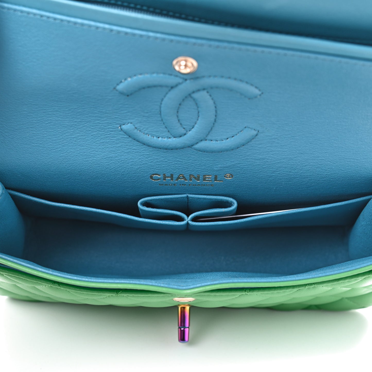 Lambskin Quilted Small Double Flap Green Blue