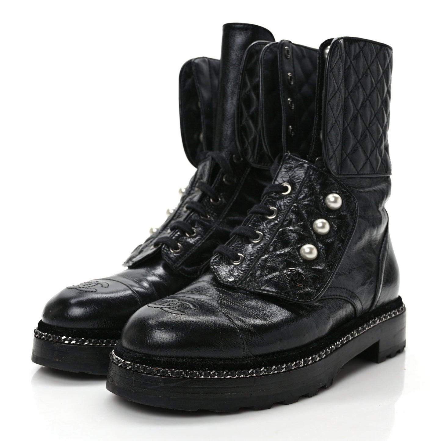 Crackled Calfskin Velvet Pearl Combat Ankle Boots 38 Black