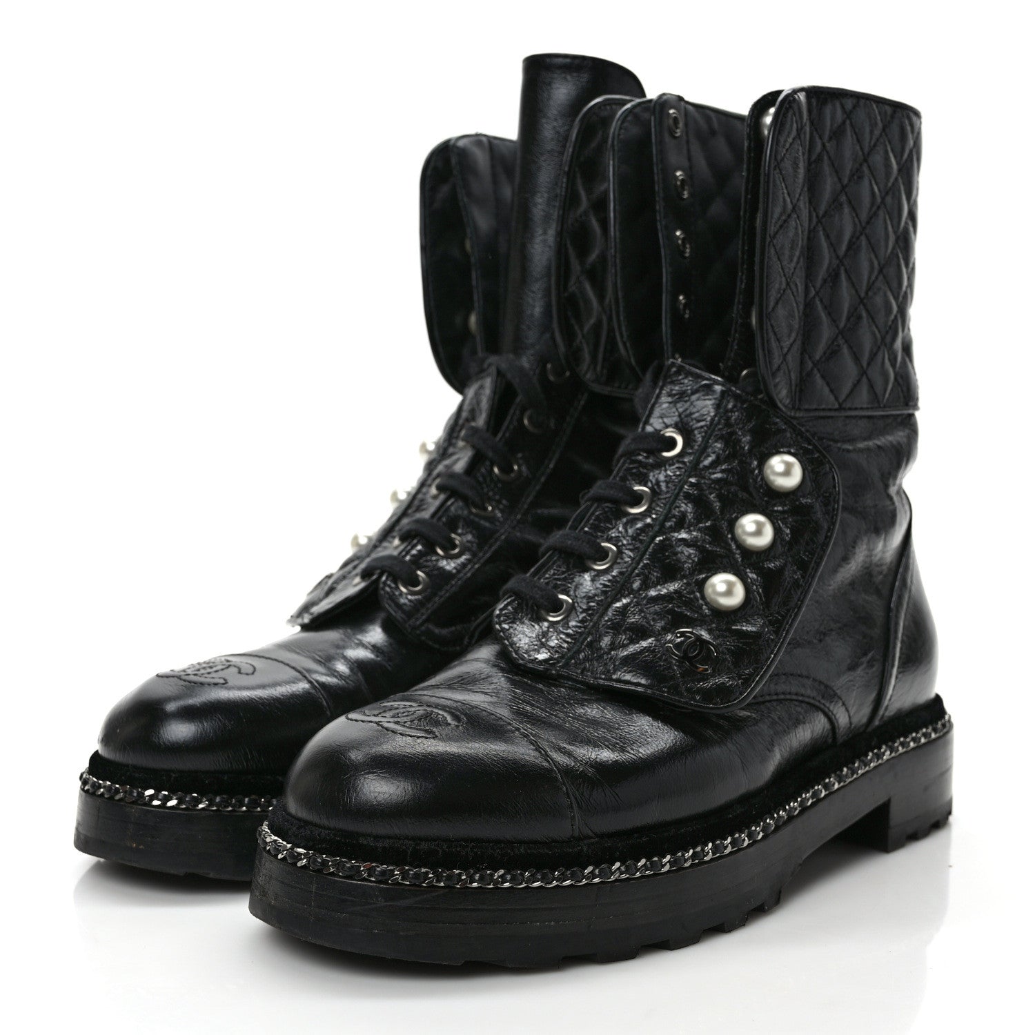 Chanel Crackled Calfskin Velvet Pearl Combat Ankle Boots 38 Black 3 of 9