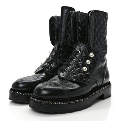 Chanel Crackled Calfskin Velvet Pearl Combat Ankle Boots 38 Black 3 of 9