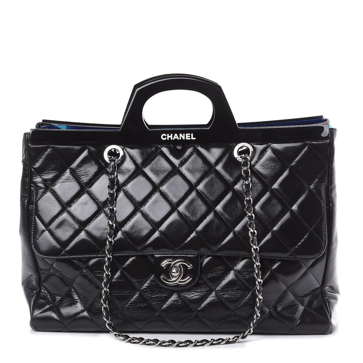 Glazed Calfskin Quilted Large CC Delivery Tote Black