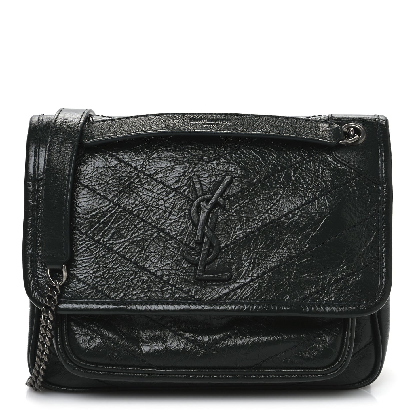 Crinkled Lambskin Matelasse Monogram Baby Niki Chain Satchel Dark Green