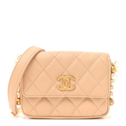Chanel Calfskin Quilted Maxi Pearls Card Holder Flap With Chain Beige 1 of 9