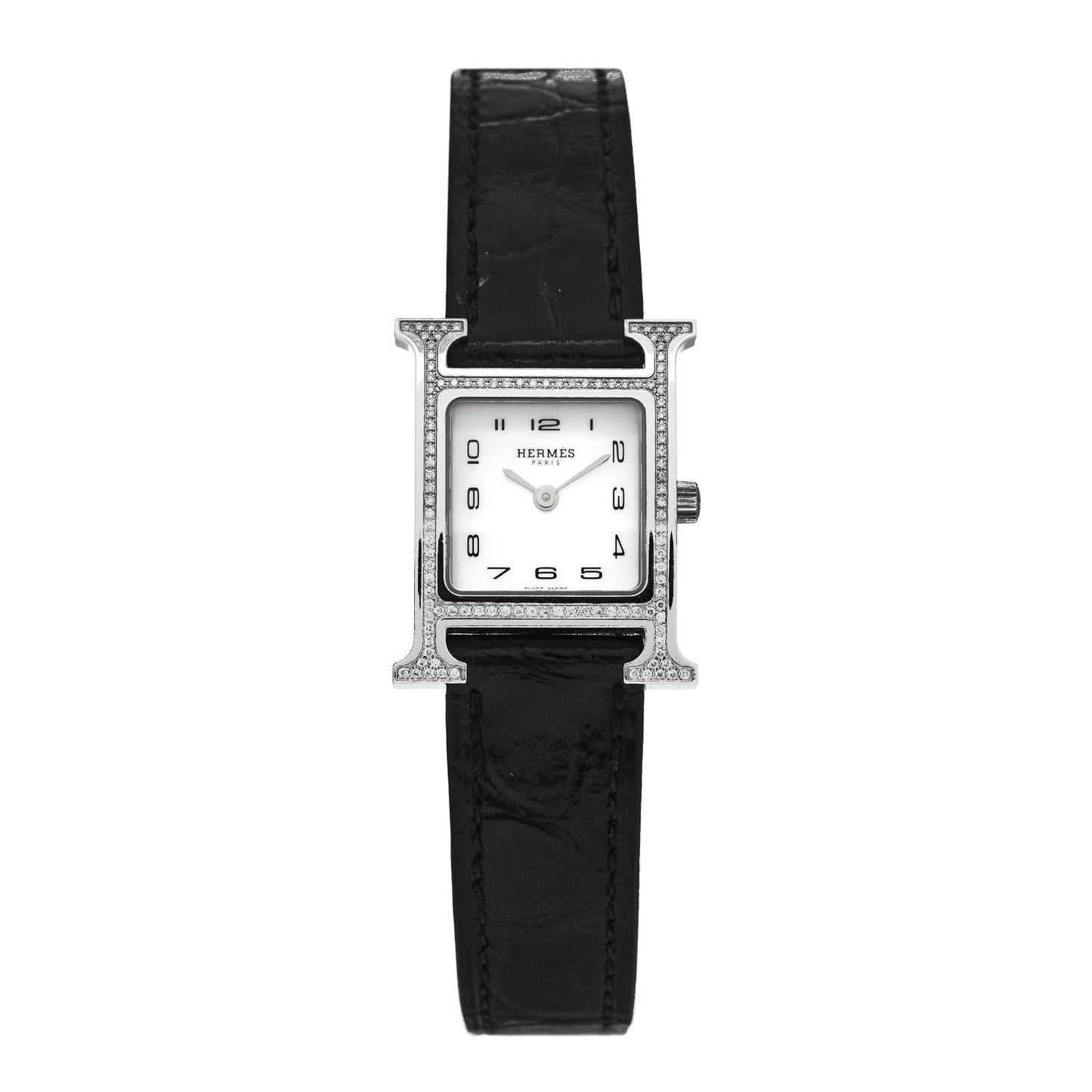Stainless Steel Alligator Diamond Bezel Mother of Pearl 21mm Heure H Hour Quartz Watch Noir