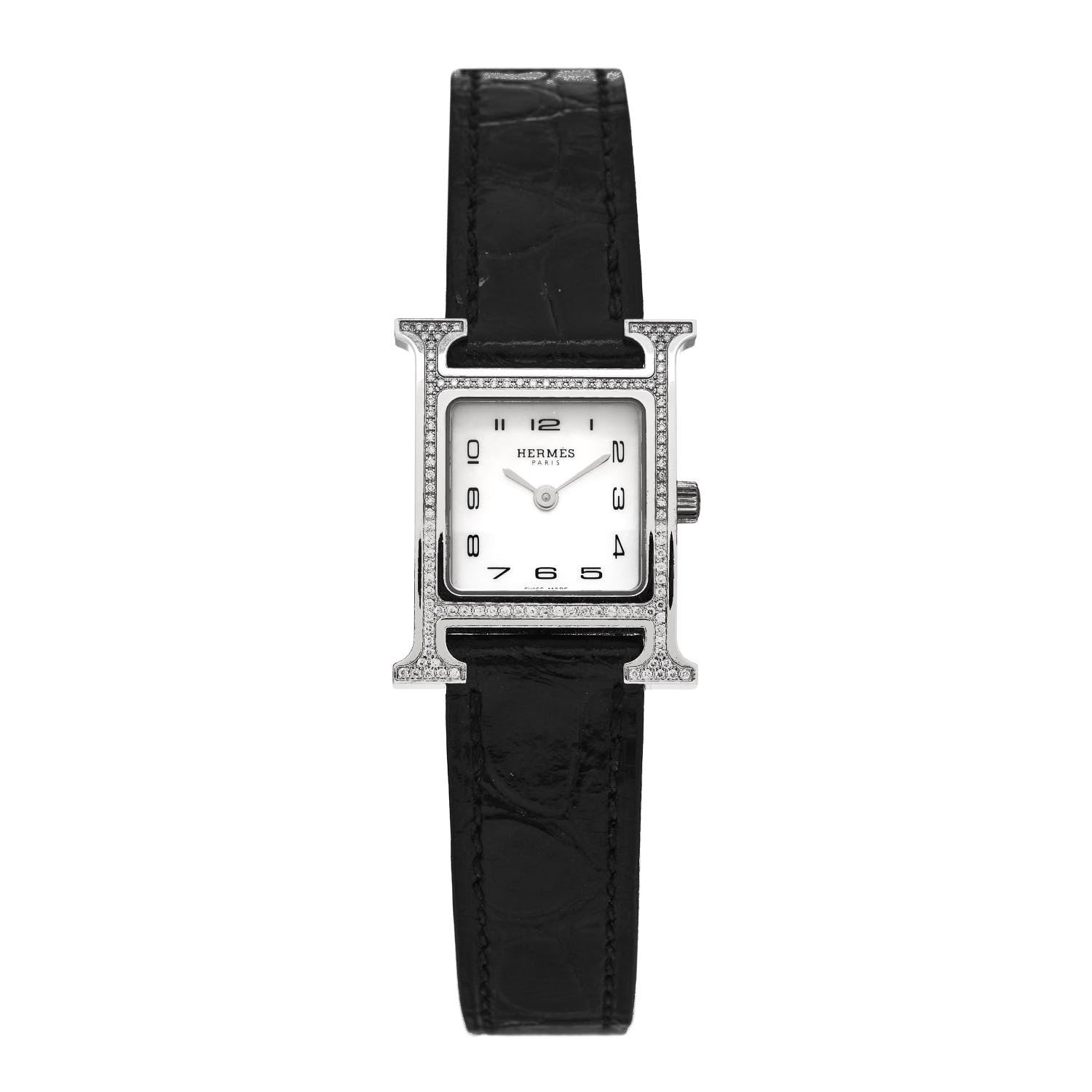 Hermes Stainless Steel Alligator Diamond Bezel Mother of Pearl 21mm Heure H Hour Quartz Watch Noir 1 of 5