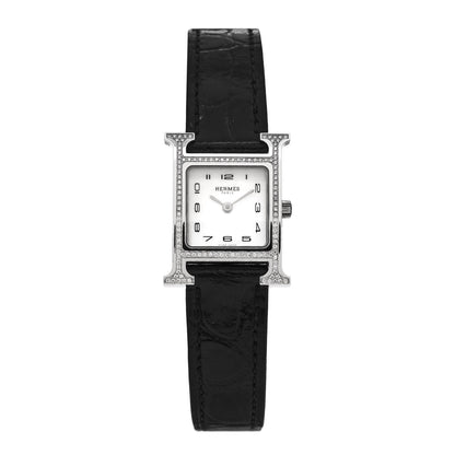 Hermes Stainless Steel Alligator Diamond Bezel Mother of Pearl 21mm Heure H Hour Quartz Watch Noir 1 of 5