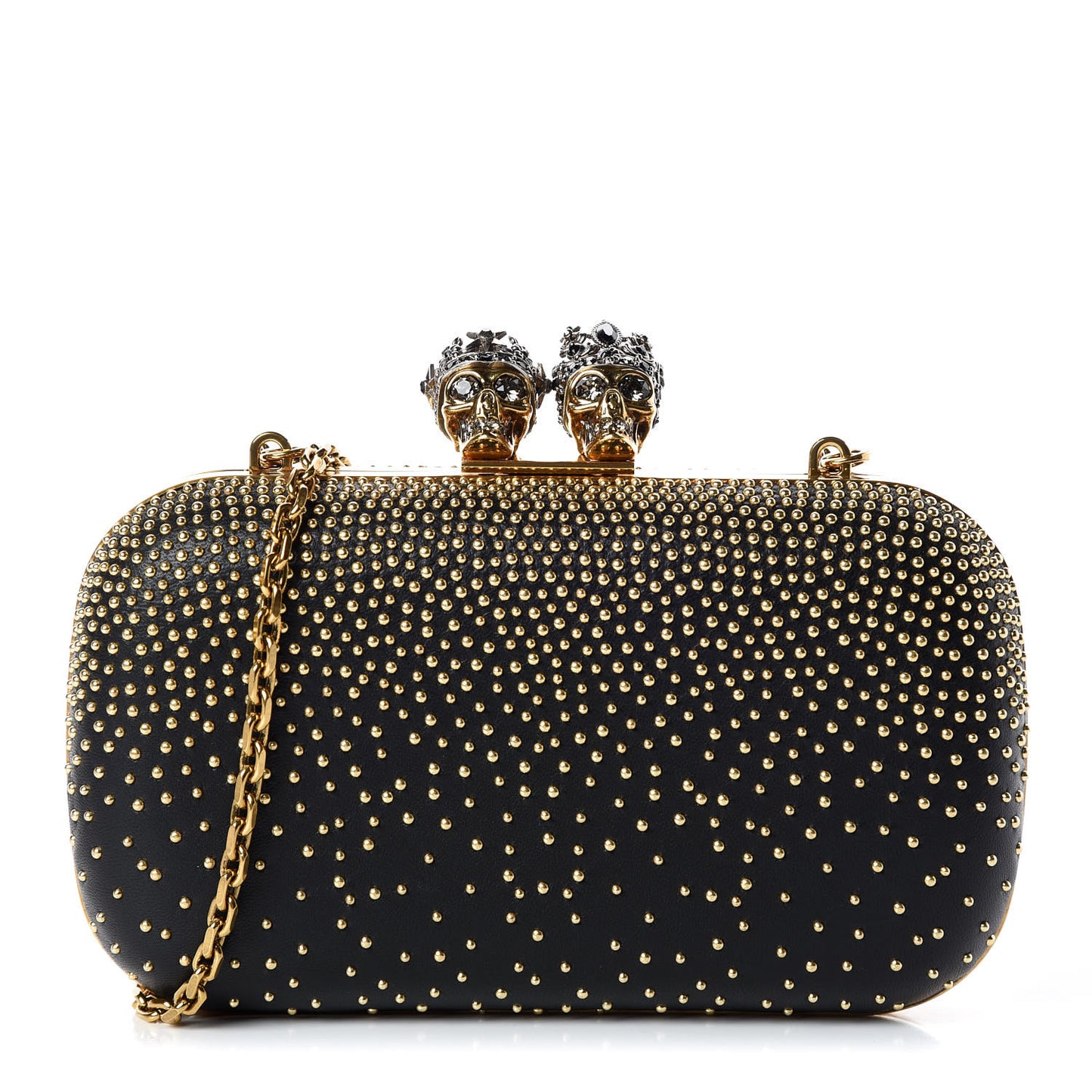 Crystal Nappa Queen and King Skull Box Chain Clutch Black Silver