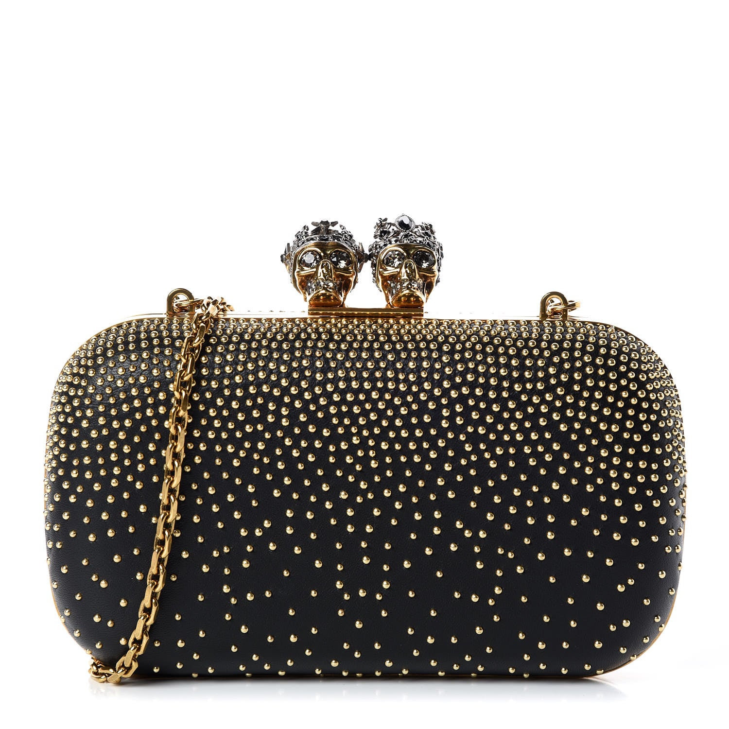 Alexander McQueen Crystal Nappa Queen and King Skull Box Chain Clutch Black Silver 1 of 8
