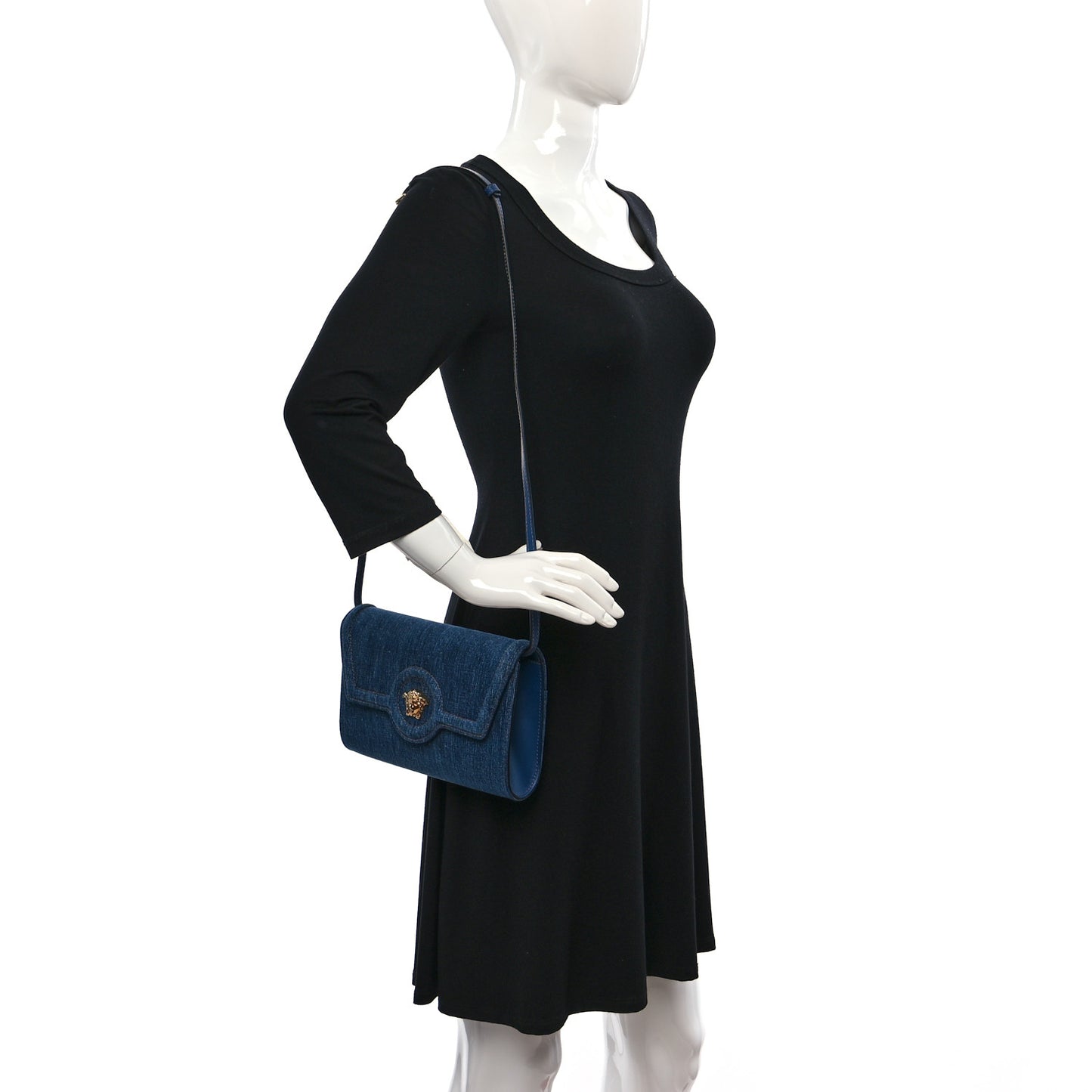 Denim La Medusa Wallet On Strap Navy Blue