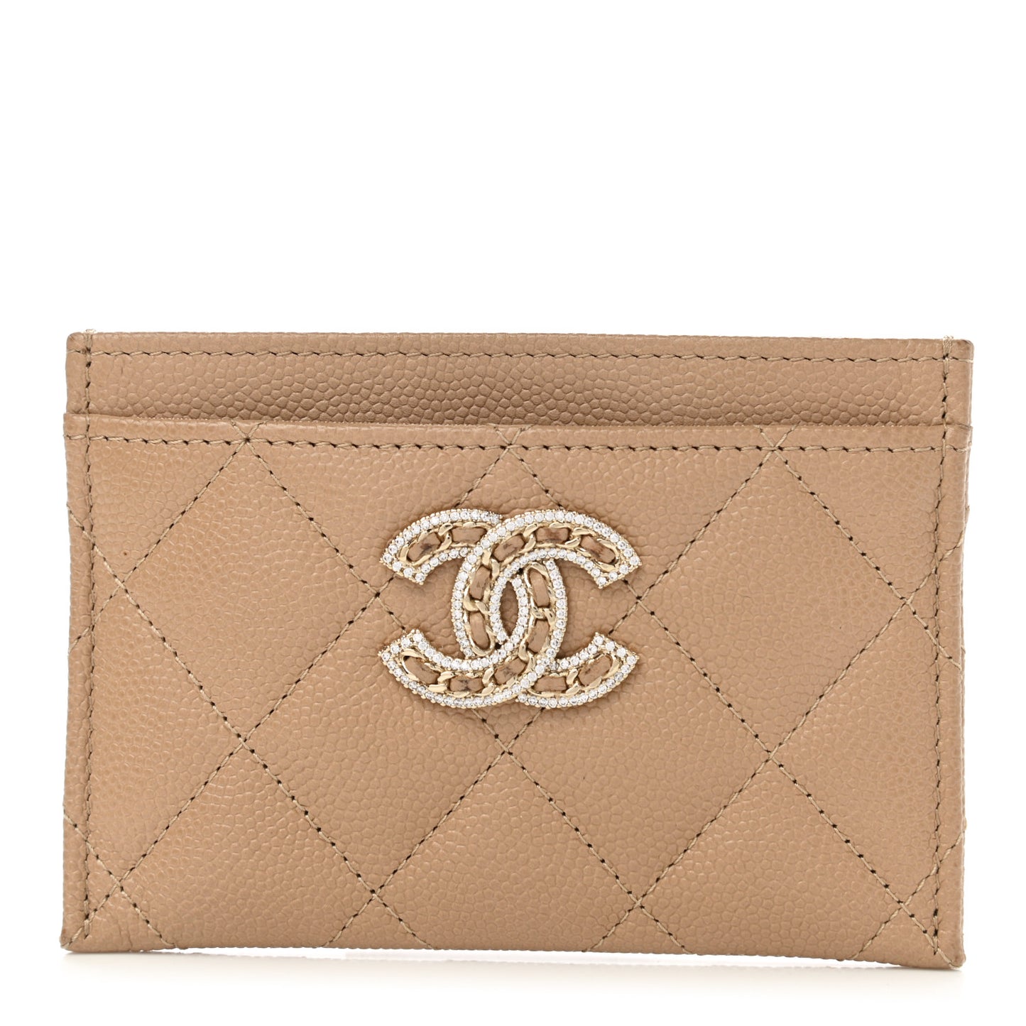 Caviar Quilted Crystal Card Holder Beige