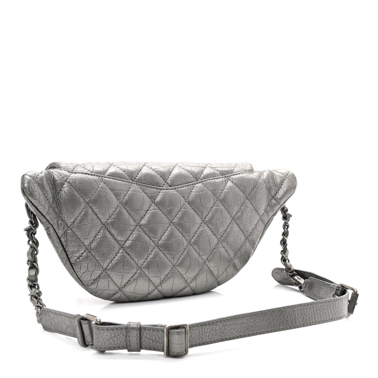 Metallic Calfskin Crocodile Embossed Quilted Easy Trip Waist Bag Fanny Pack Silver