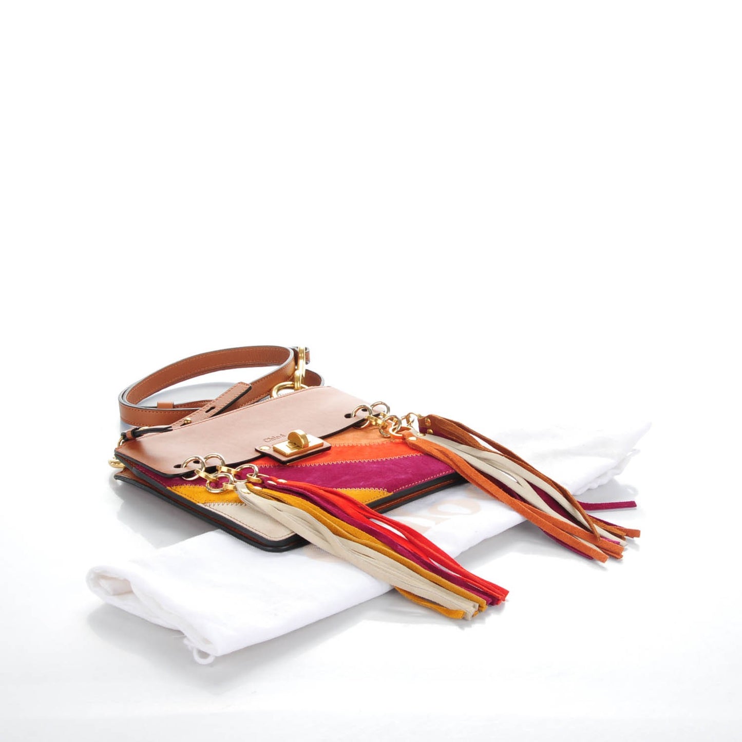 Calfskin Suede Rainbow Patchwork Small Jane Fringe Bag Caramel