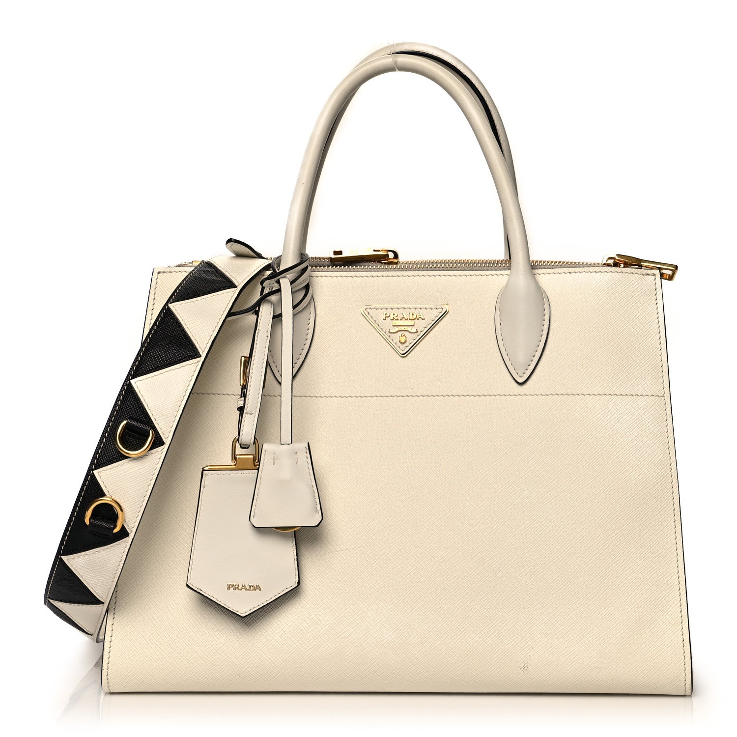 Prada Saffiano City Calfskin Greche Paradigme Bag White Black 1 of 15