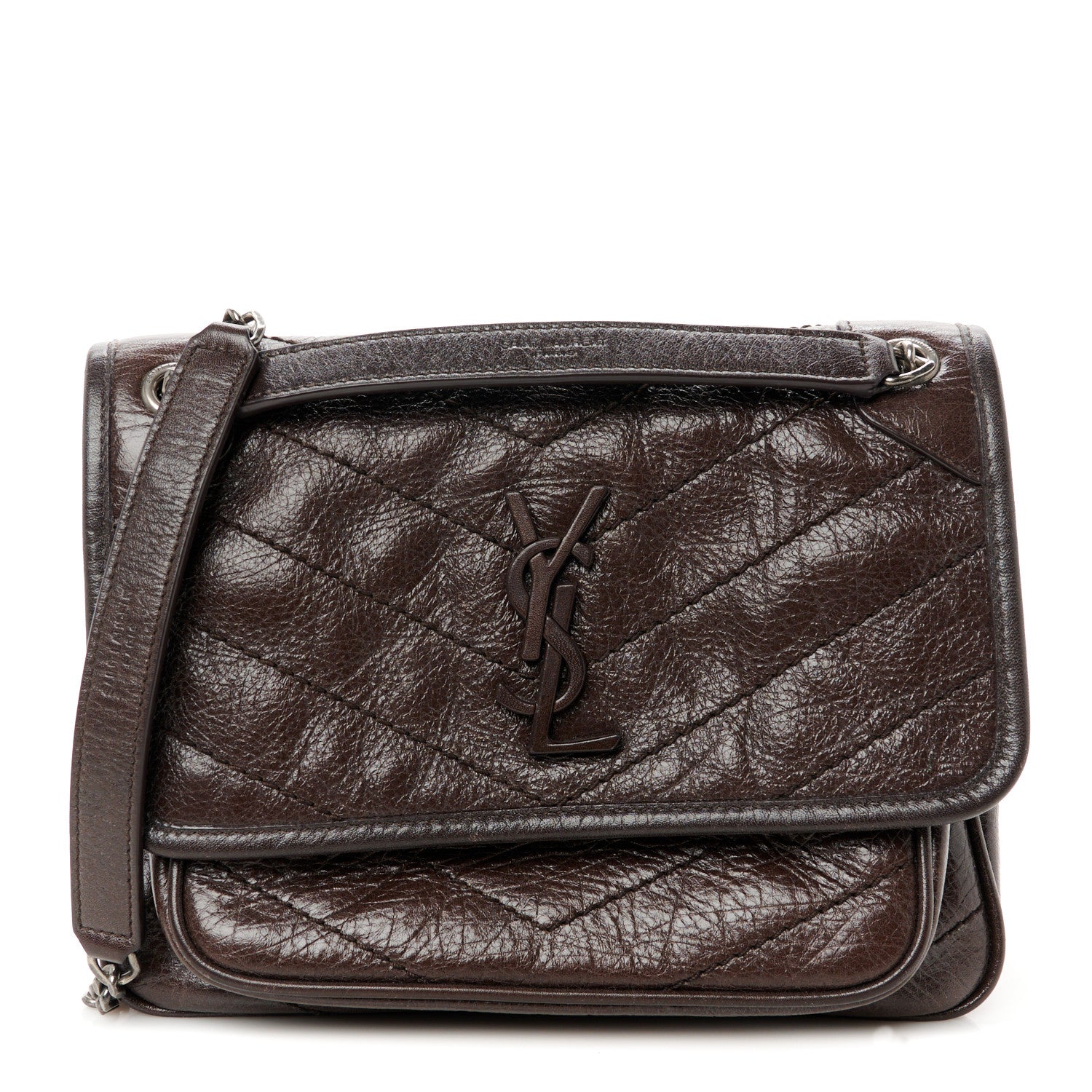 Saint Laurent Crinkled Lambskin Matelasse Monogram Baby Niki Chain Satchel Chocolate 1 of 11
