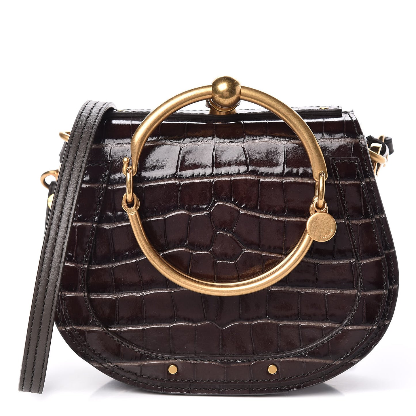 Suede Calfskin Crocodile Embossed Small Nile Bracelet Bag Profound Brown