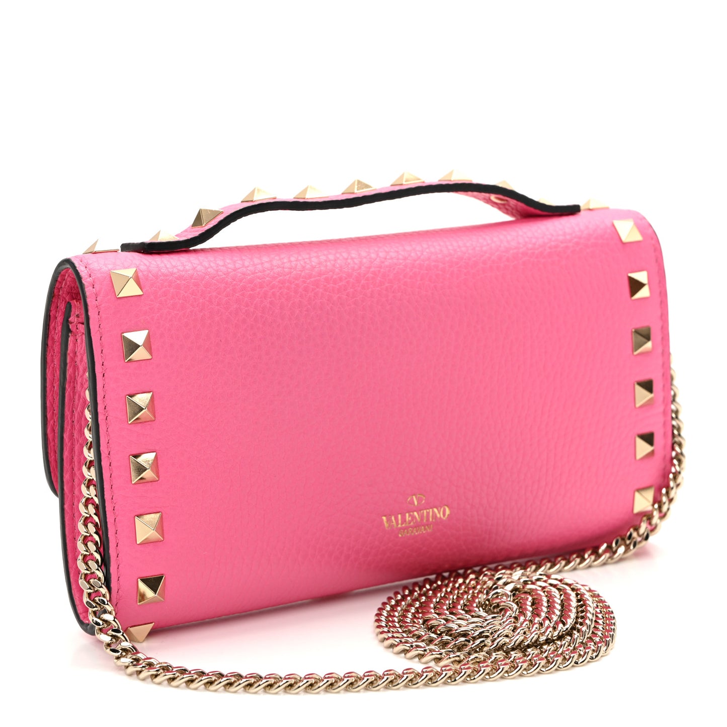 Pebbled Calfskin Rockstud Flip Lock Wallet On Chain Feminine Pink