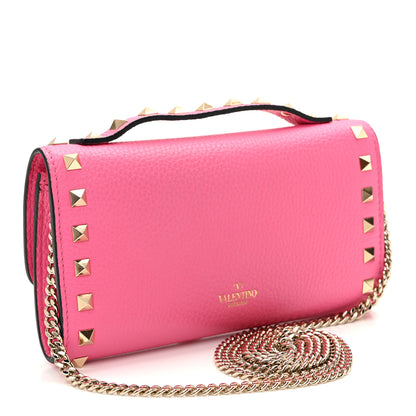 Valentino Garavani Pebbled Calfskin Rockstud Flip Lock Wallet On Chain Feminine Pink 3 of 9