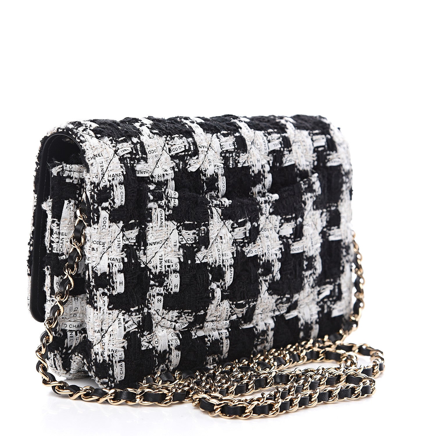 Chanel Tweed Quilted Wallet On Chain WOC Black Ecru White 2 of 11