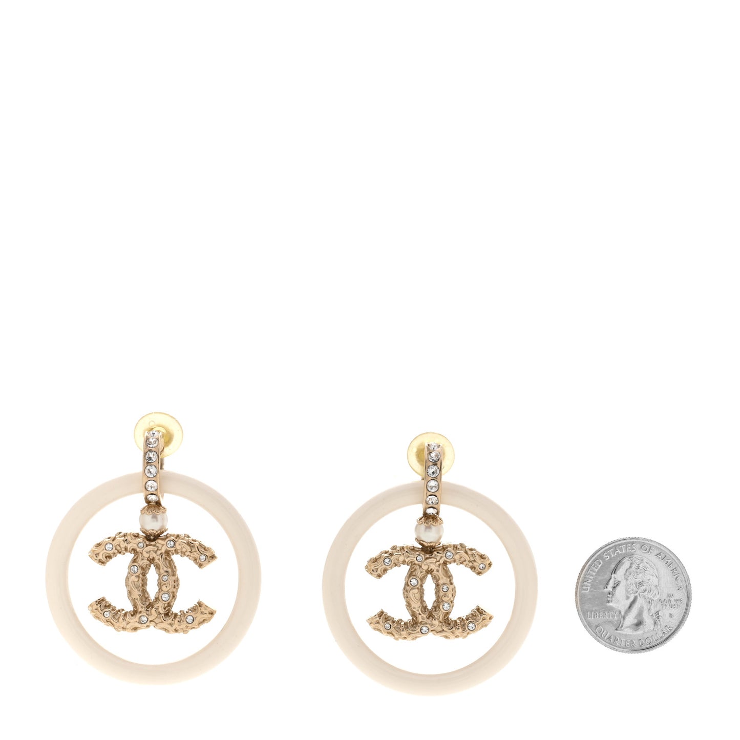 Resin Crystal Pearl CC Drop Earrings White Gold