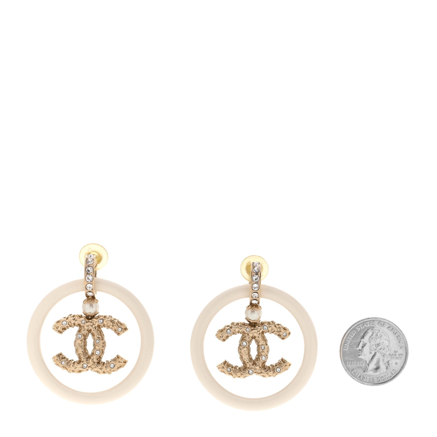 Chanel Resin Crystal Pearl CC Drop Earrings White Gold 2 of 4