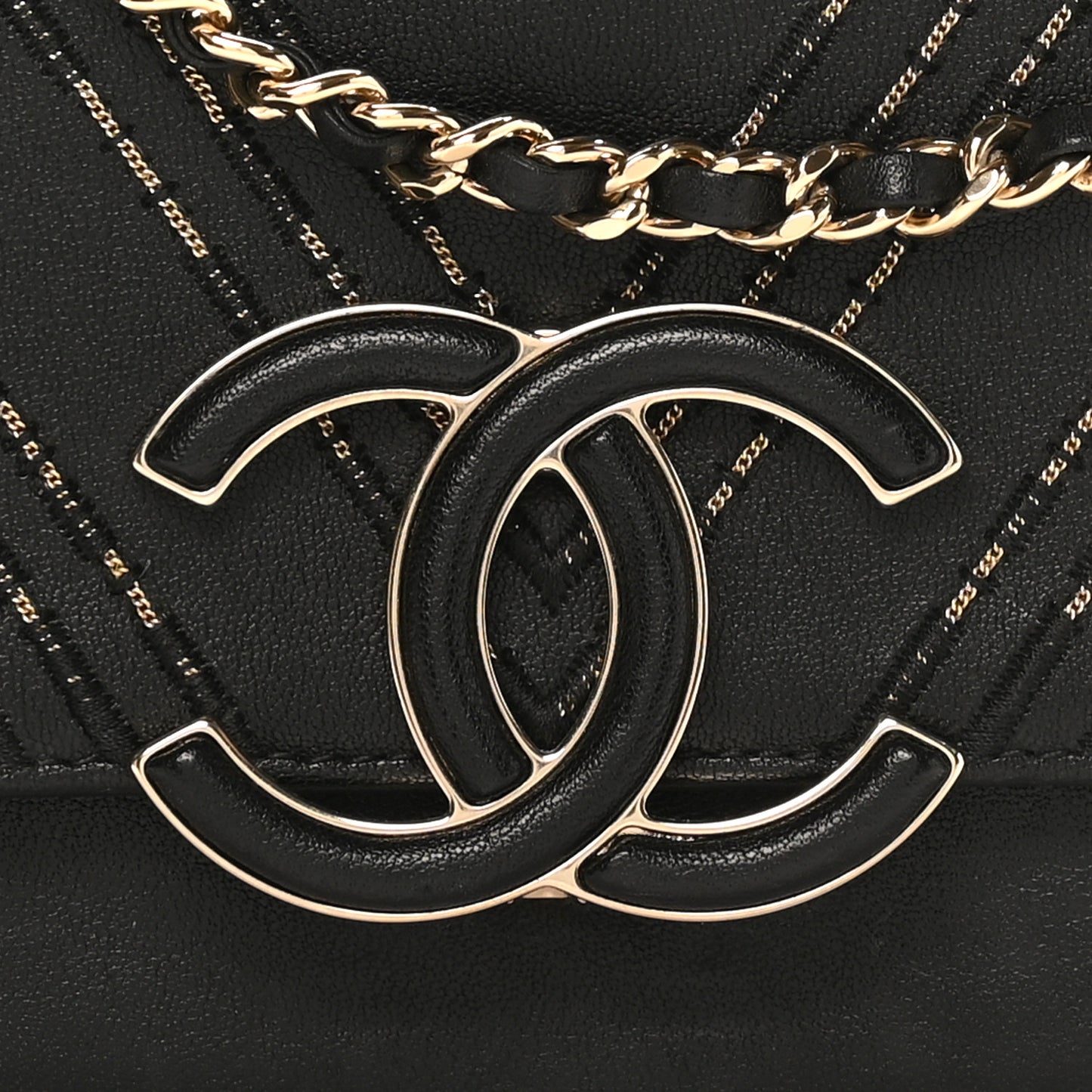 Calfskin Chevron Beaded Chain Mini Square Flap Black