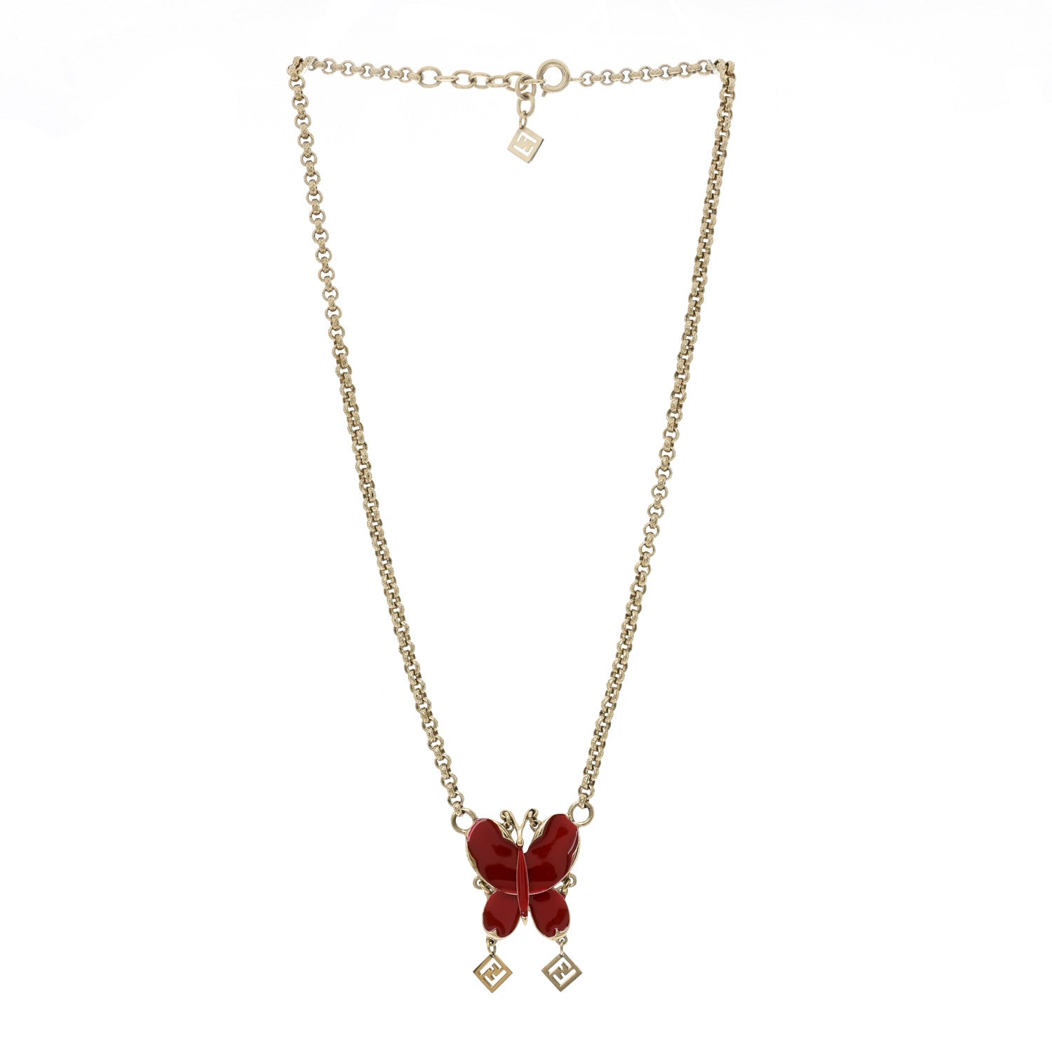 Fendi Metal Enamel Butterfly Pendant Necklace Rosso 3 of 7