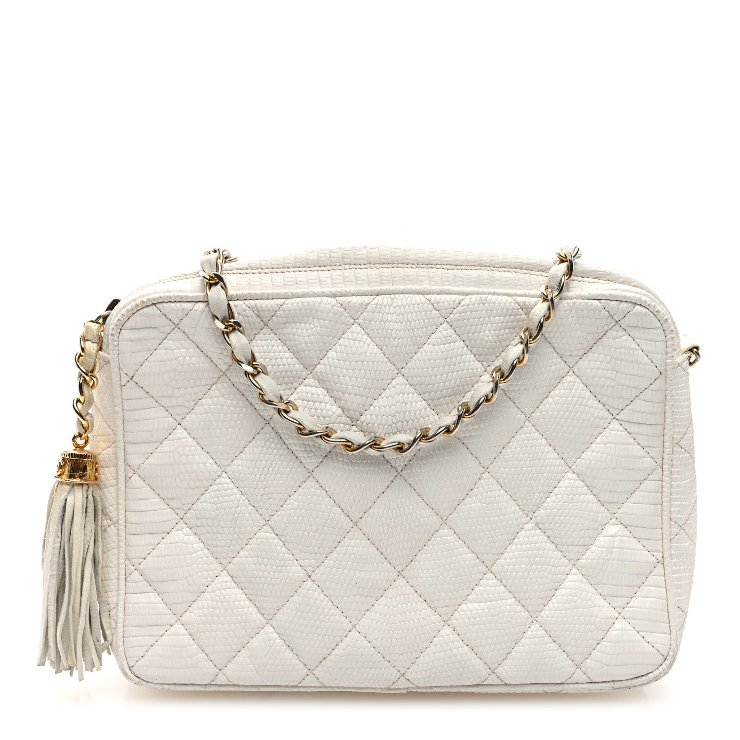 Chanel Lizard Quilted Small Tassel Camera Case White 1 of 11
