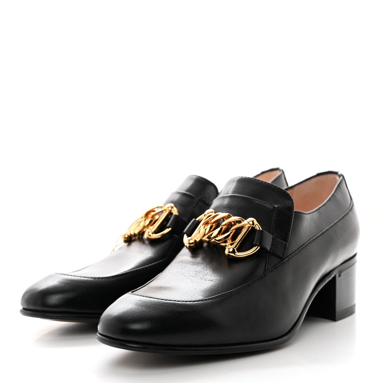Gucci Goatskin Womens Chain Mid-Heel Loafers 38.5 Black 3 of 9